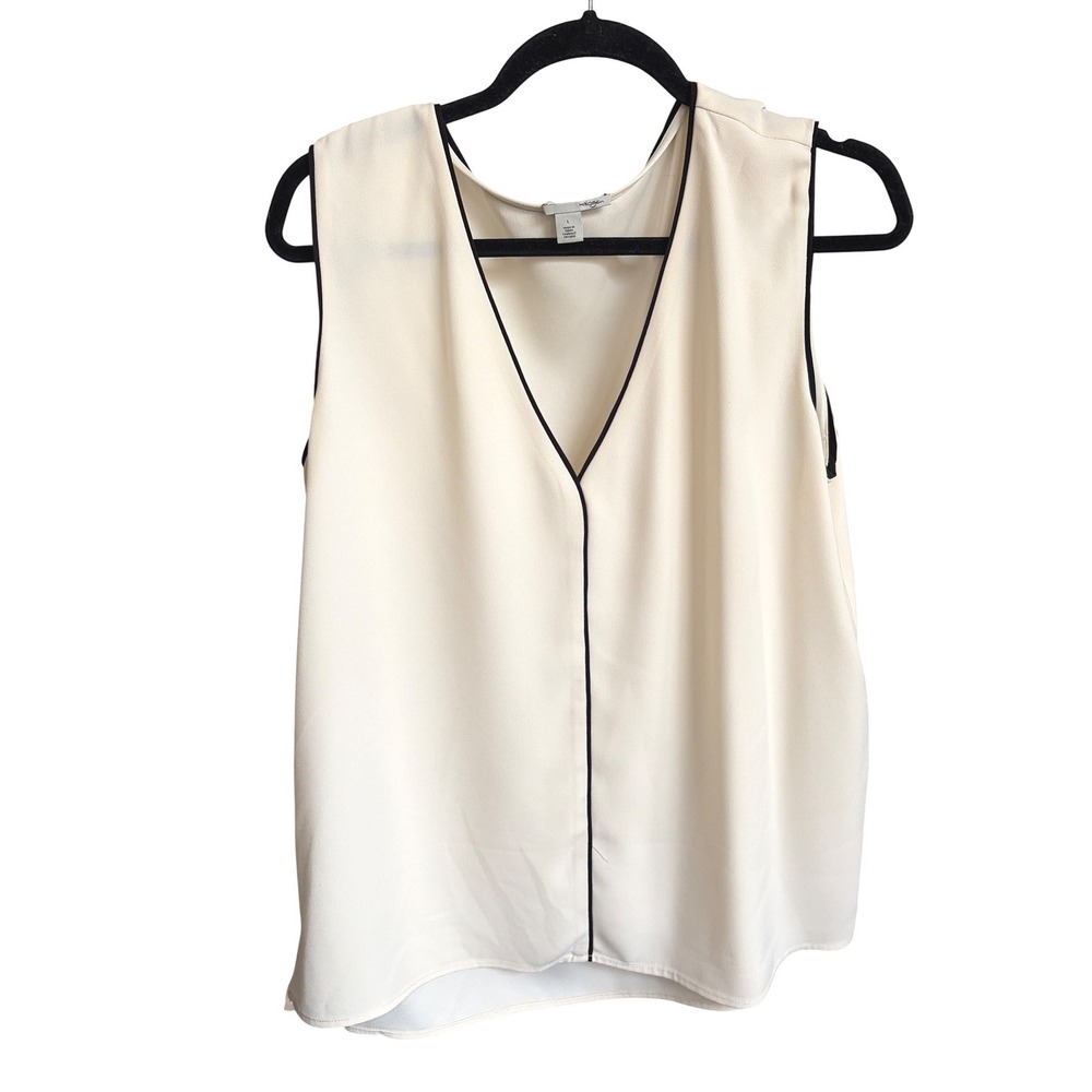 Halogen Tank Top Ivory Minimalist V-Neck‎ Contrast Trim Sleeveless Blouse Large